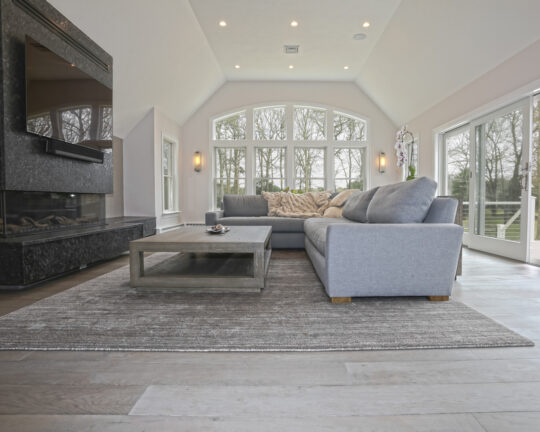 Gray colored living room with gray wood flooring.