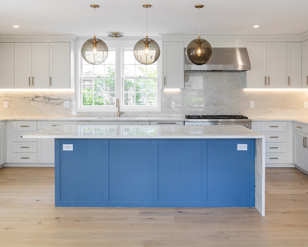 kitchen blue island modern interior marble backsplash light fixtures light natural wide plank flooring