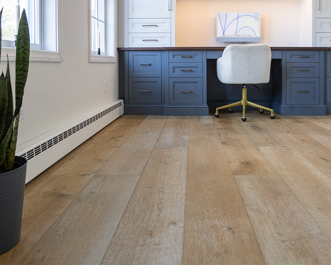 coastal blue office room with wide plank wood floors