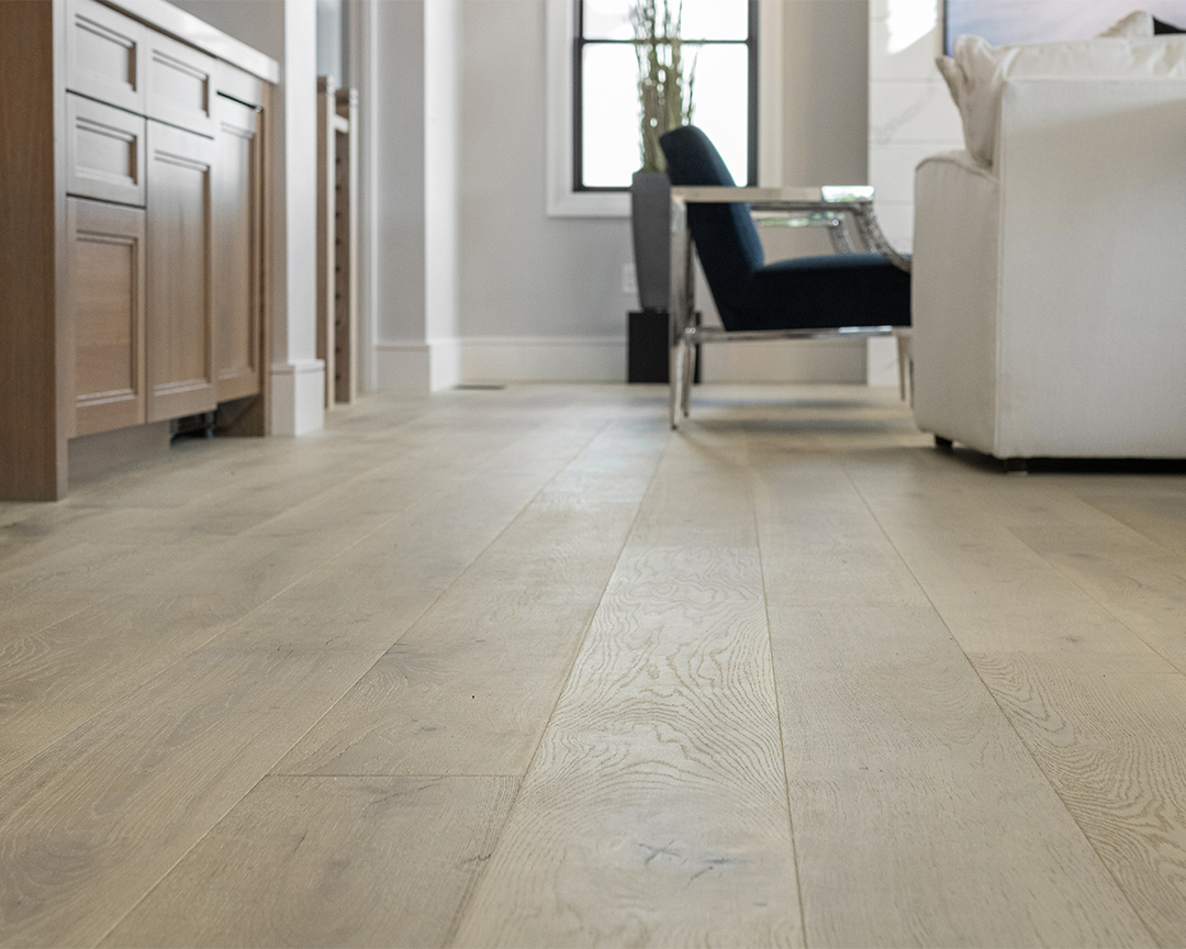 Close up of oak wood flooring in a minimalist living room