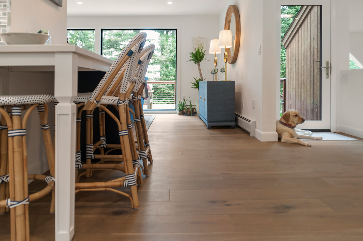 Coastal cottage with relaxing dog, rattan chairs, and a wire brushed wood floor.