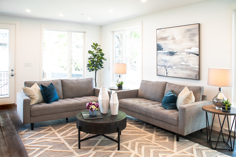 Living room with modern decor and decorative accents.