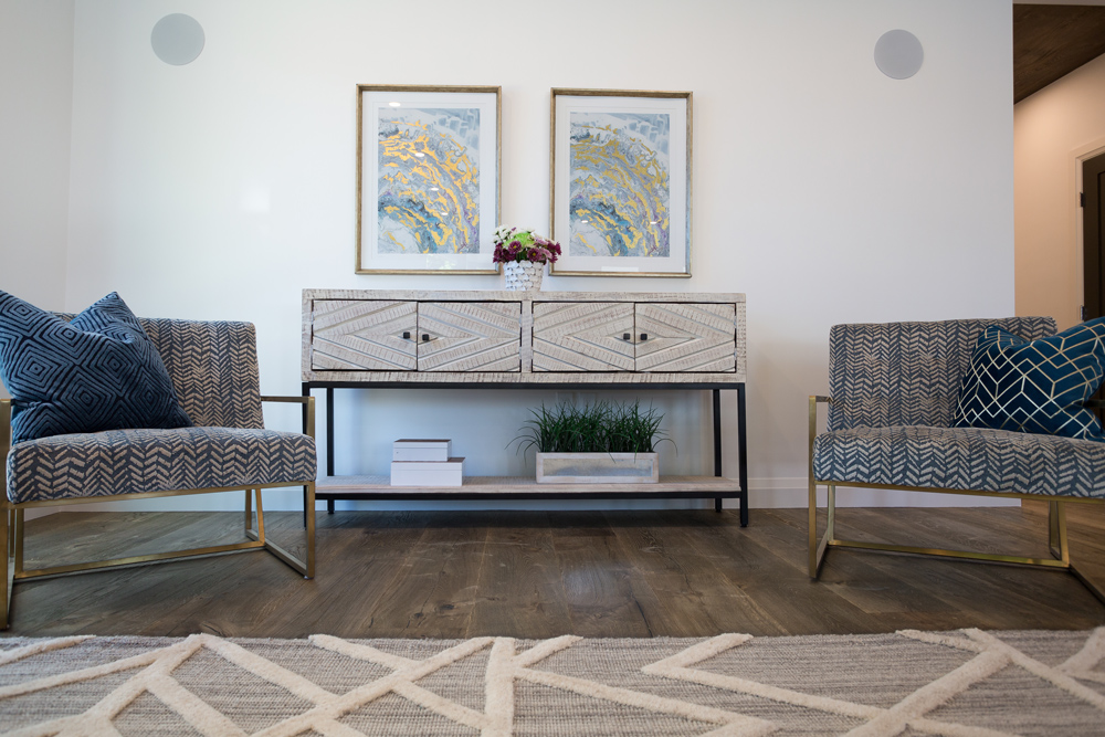 Living room with modern interior design and carpet on dark wood flooring.