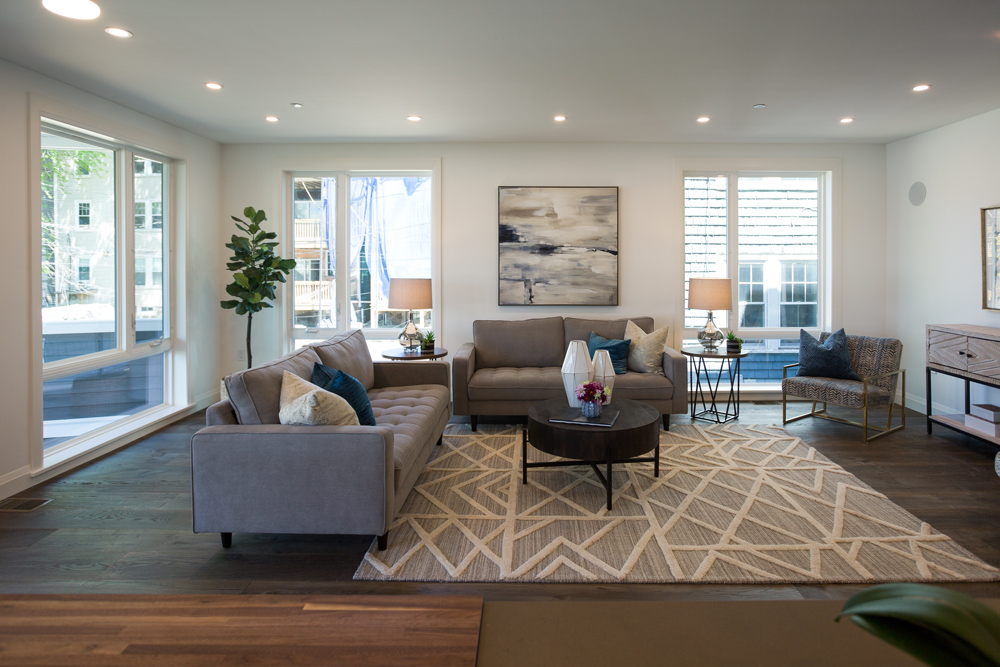 Modern living room with dark wood flooring