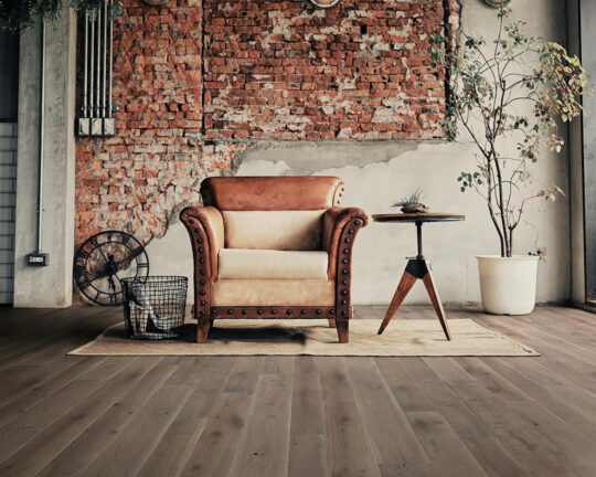 Rustic sitting area with dark colored wood floor and large decorative plant.
