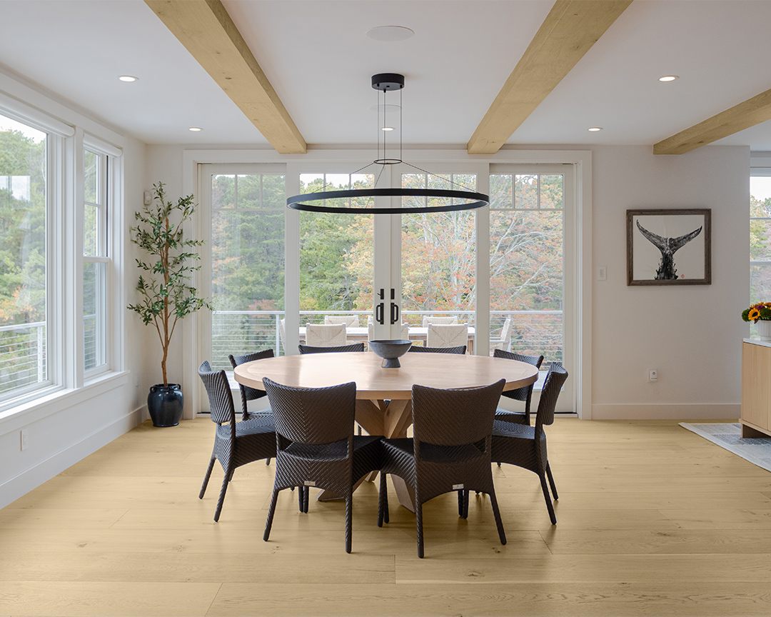 dining room furniture light fixture wood beams ceiling oak flooring