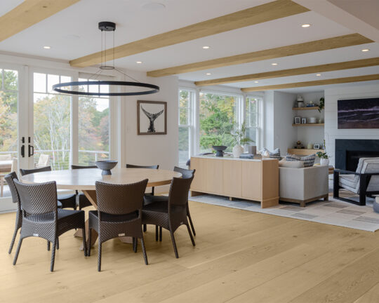 dining room furniture wood beam ceiling living room coastal modern oak wood floors