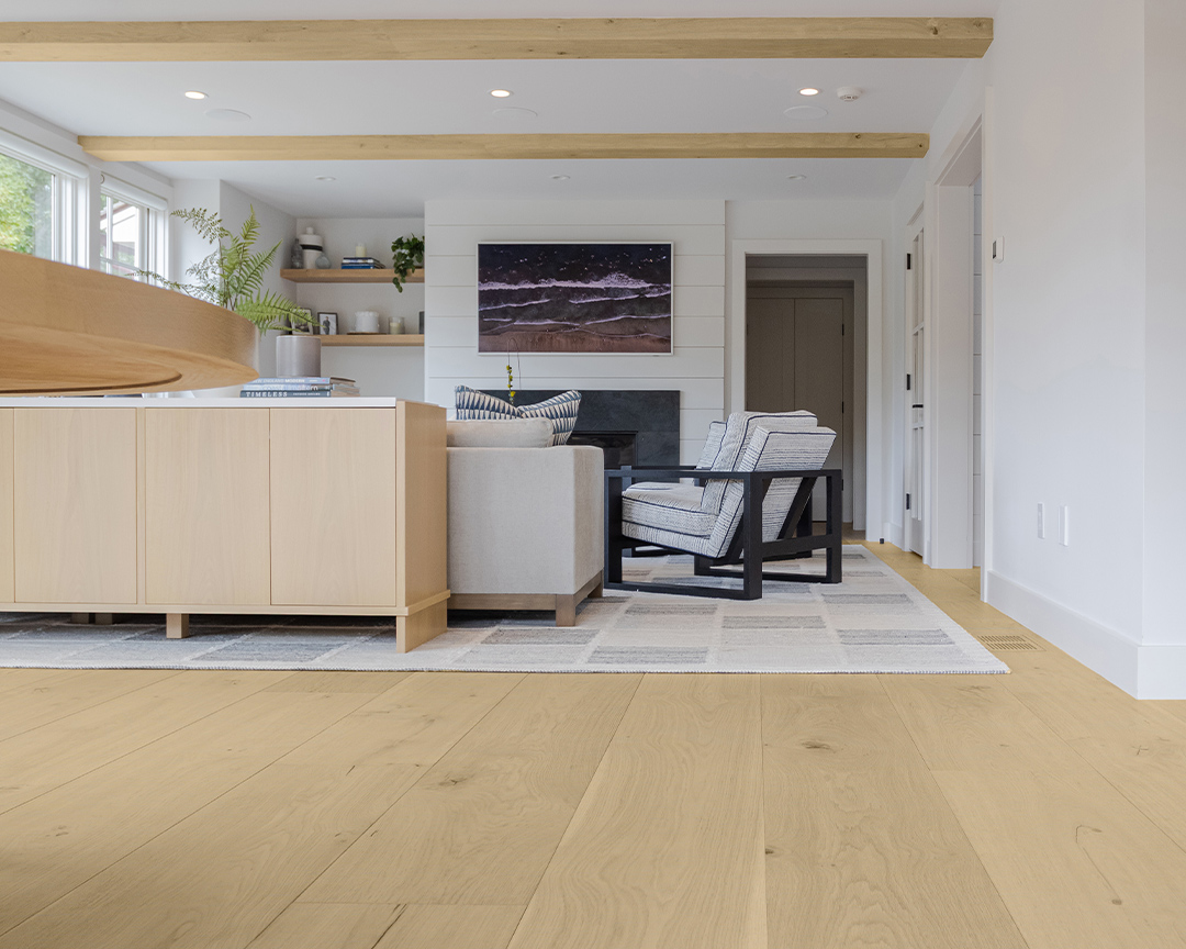 coastal modern living room wood beams furniture oak floors
