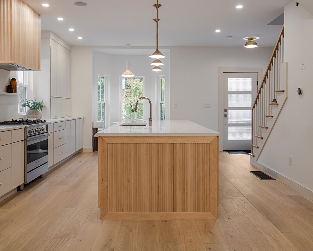 light wood kitchen island oak wood floors gray cabinets