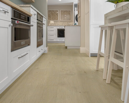 Beautiful light wide plank flooring in white colored modern kitchen